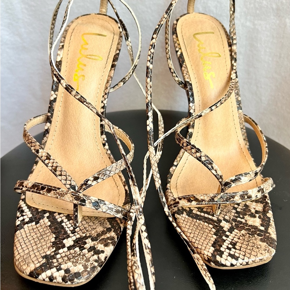 Lulus Simonee tan snake lace up high heel sandals